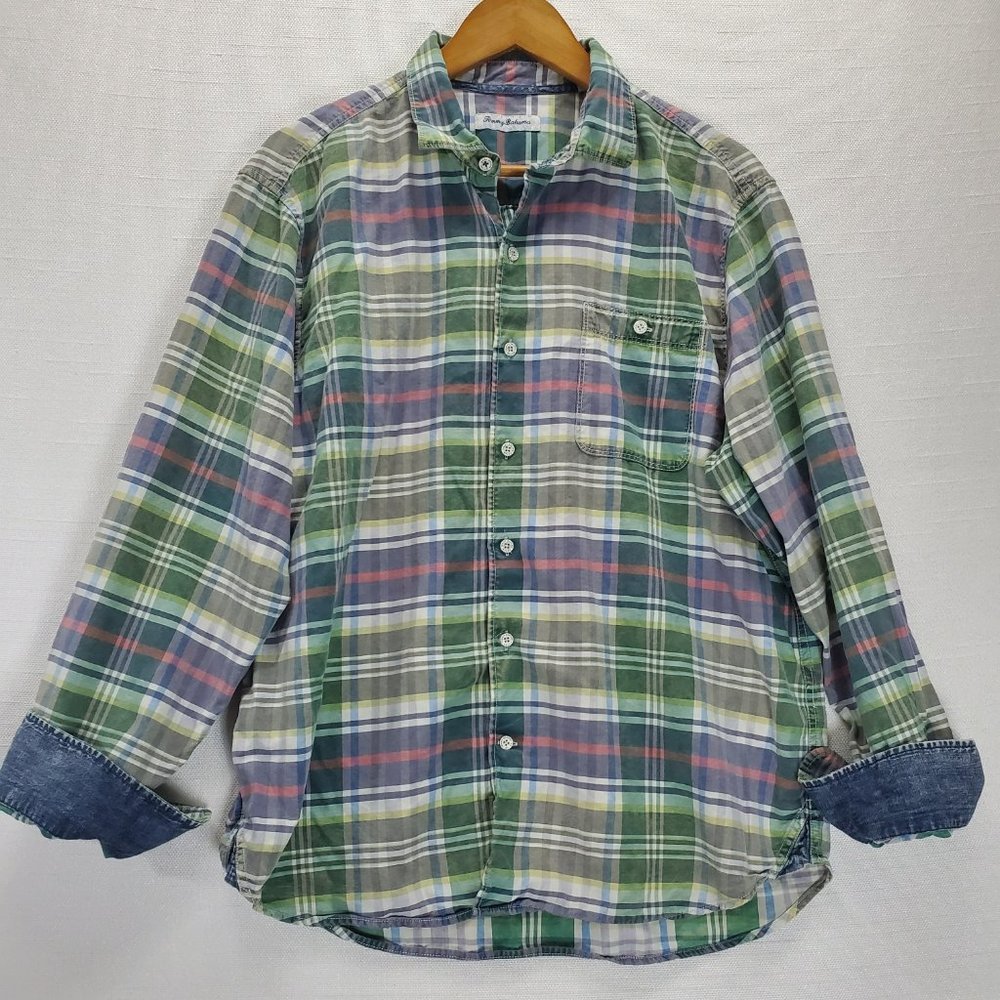 Tommy Bahama Mens sz Large Button-up Long Sleeve Shirt Plaid Denim Cuffs/Collar